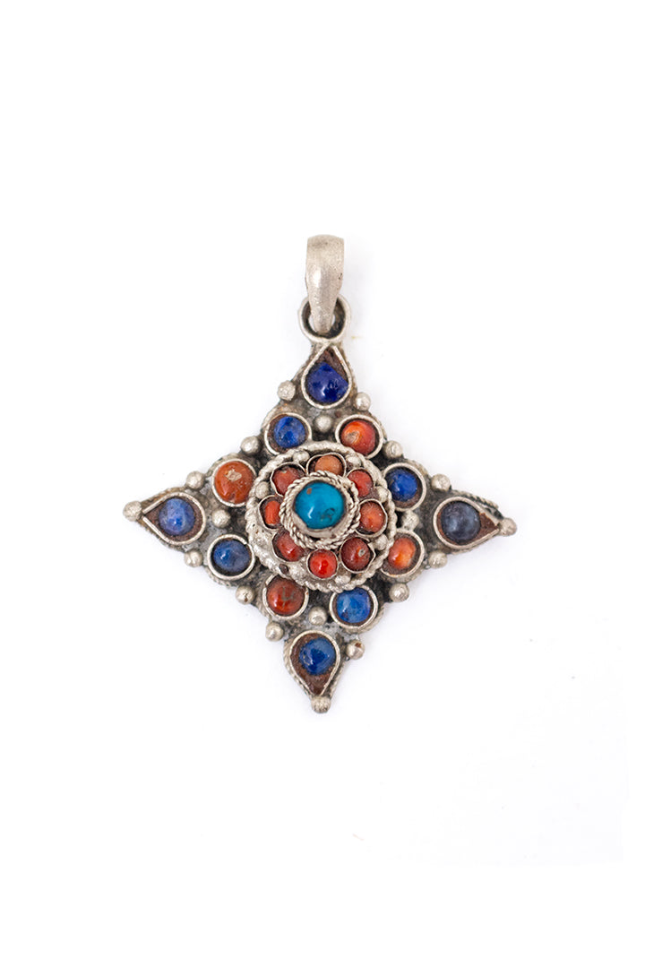 Nepalese hanger ingelegd met turkoois, koraal en lapis lazuli