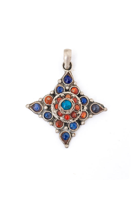 Nepalese hanger ingelegd met turkoois, koraal en lapis lazuli