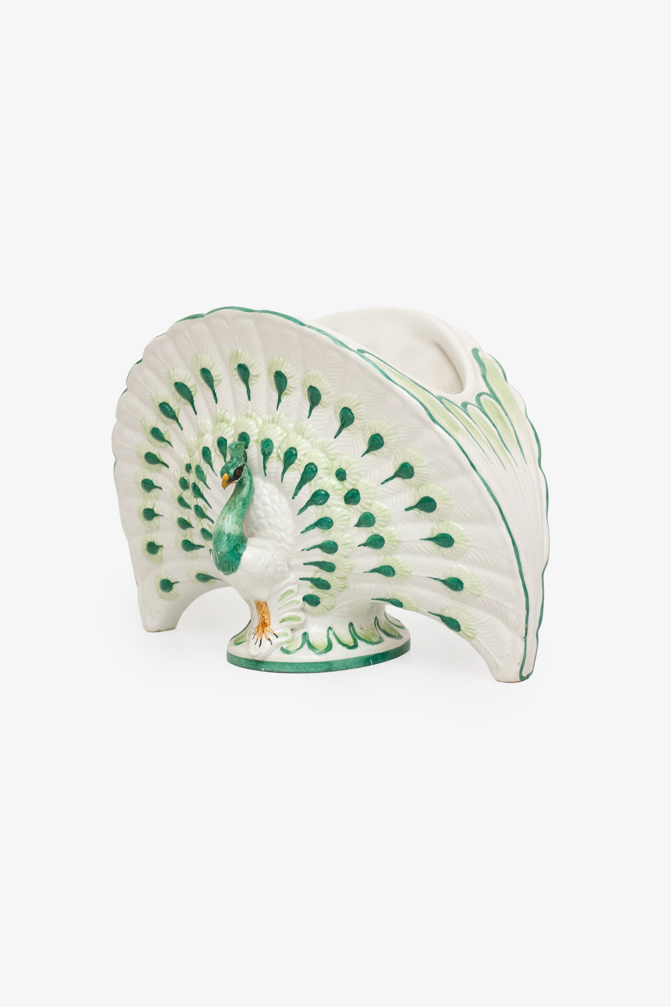 Nora Fenton Majolica vaas/ bloempot wit met groene pauwen