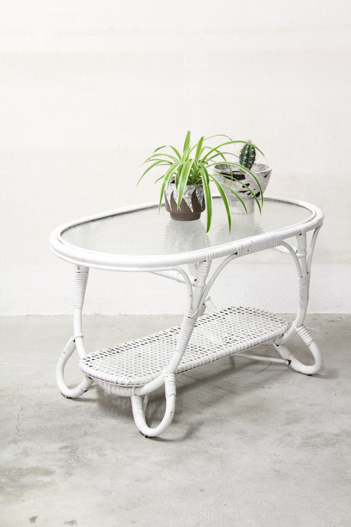 Ovale vintage rotan Rohé salontafel met glasplaat