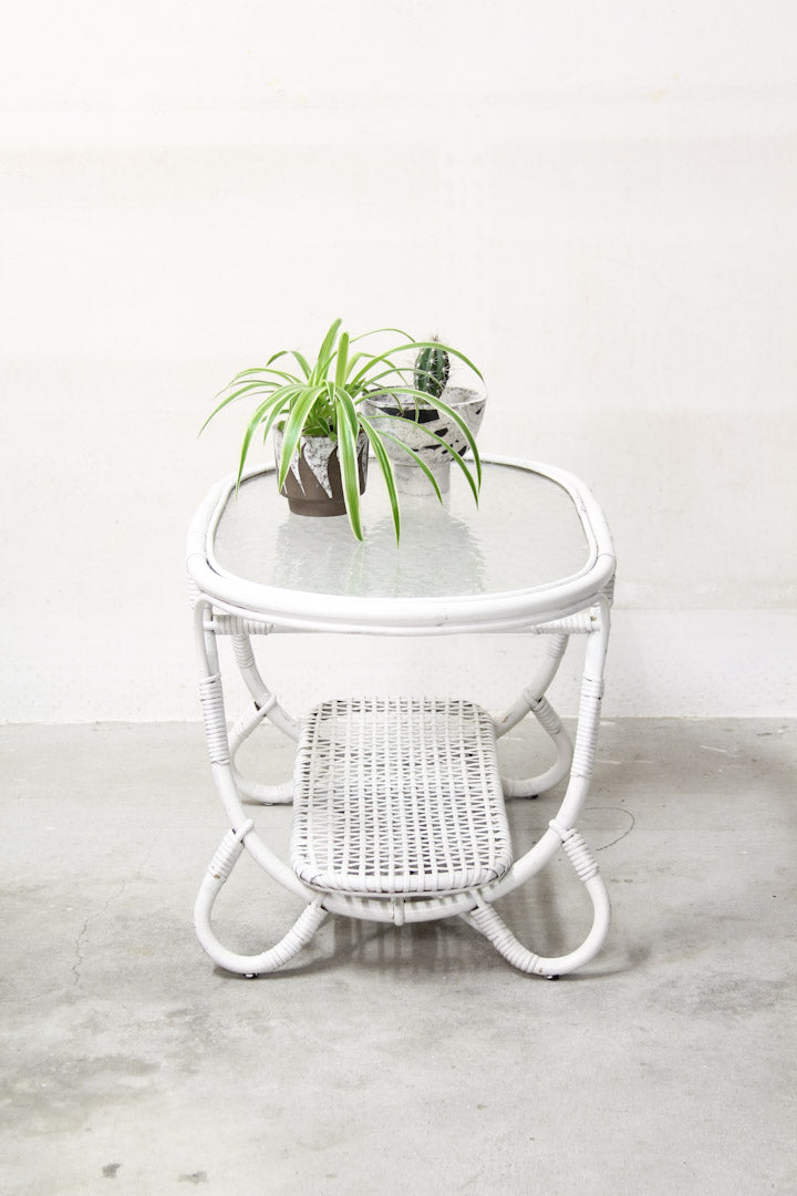 Ovale vintage rotan Rohé salontafel met glasplaat