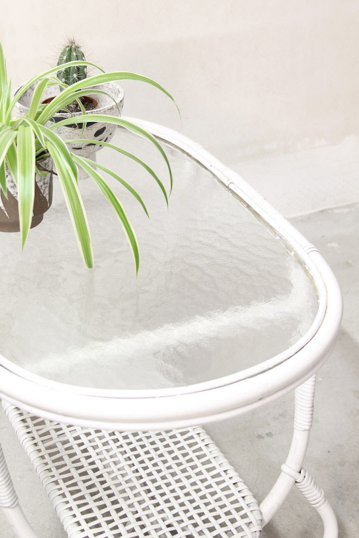 Ovale vintage rotan Rohé salontafel met glasplaat