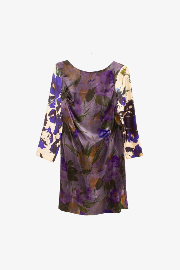 Zijde watercolor Dries van Noten jurk met decoratieve naden