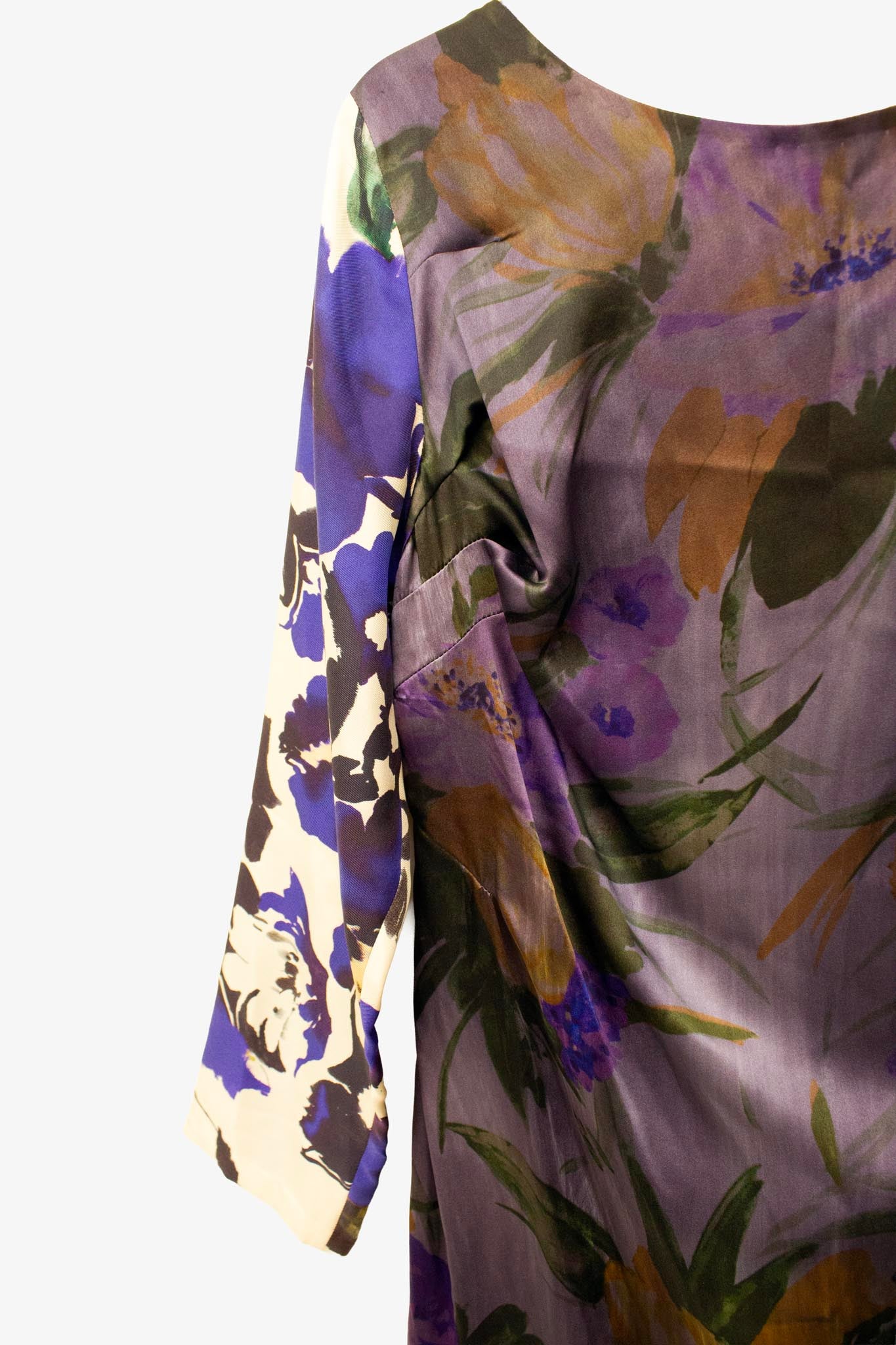 Zijde watercolor Dries van Noten jurk met decoratieve naden