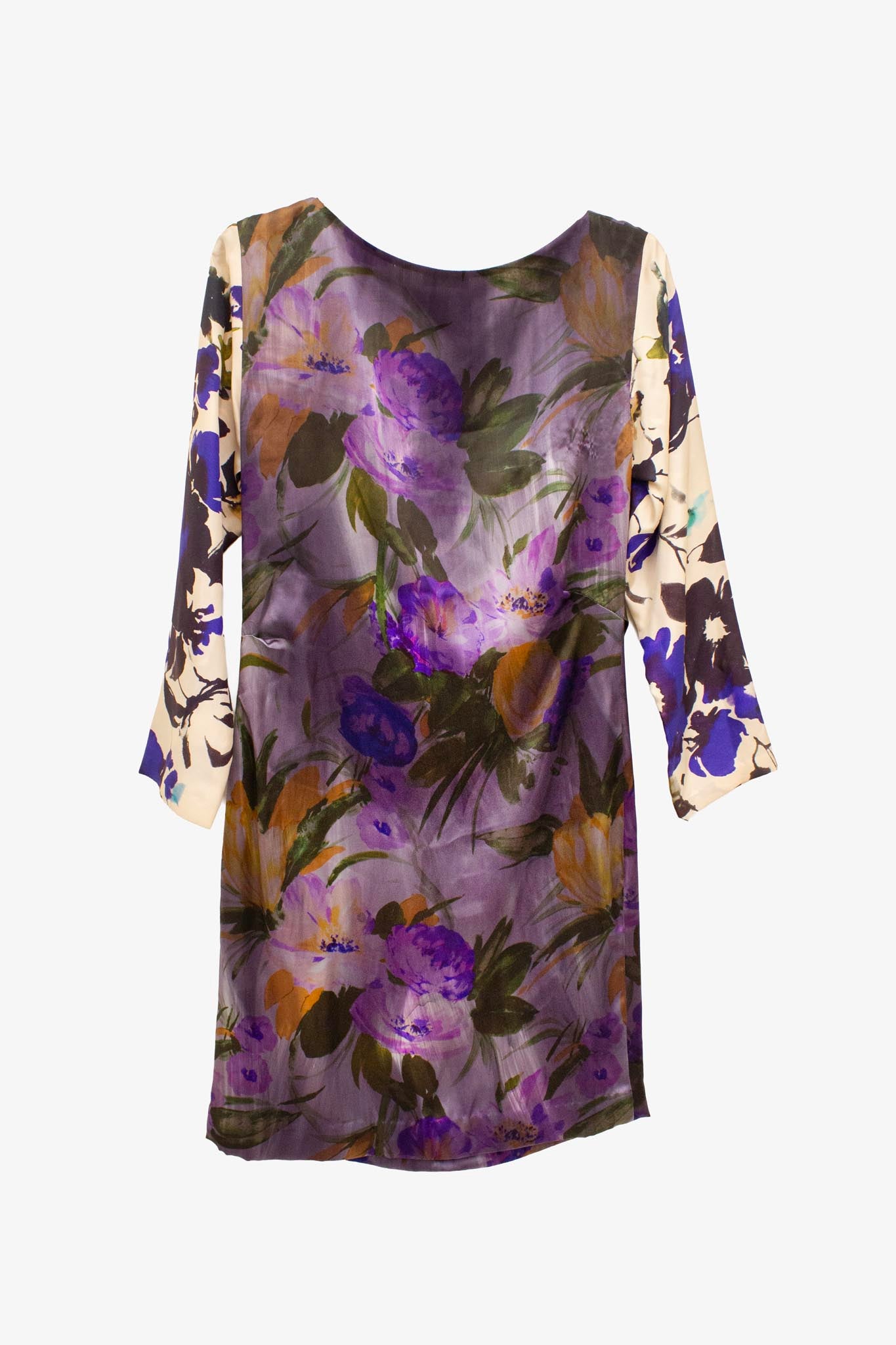 Zijde watercolor Dries van Noten jurk met decoratieve naden