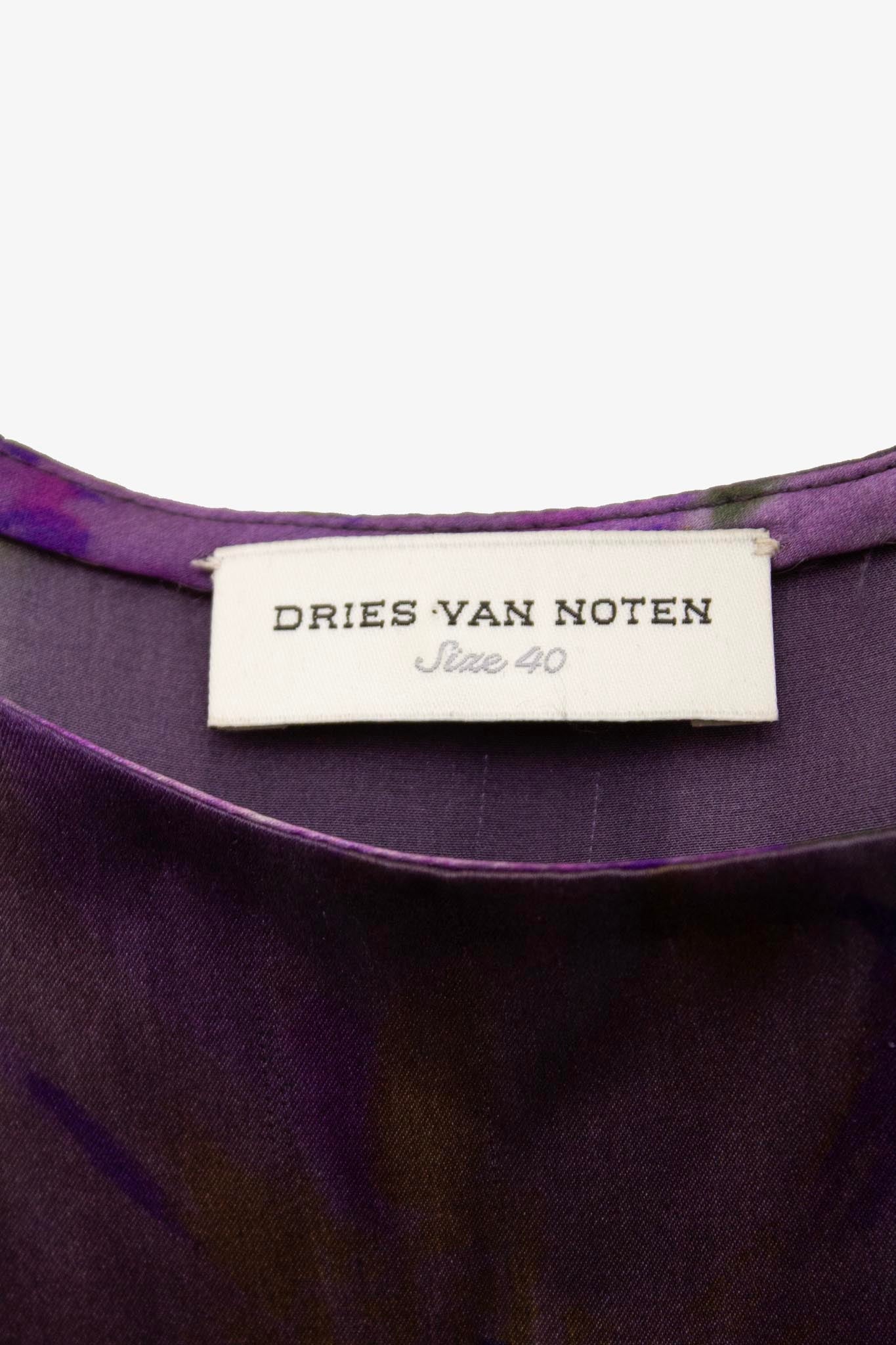 Zijde watercolor Dries van Noten jurk met decoratieve naden