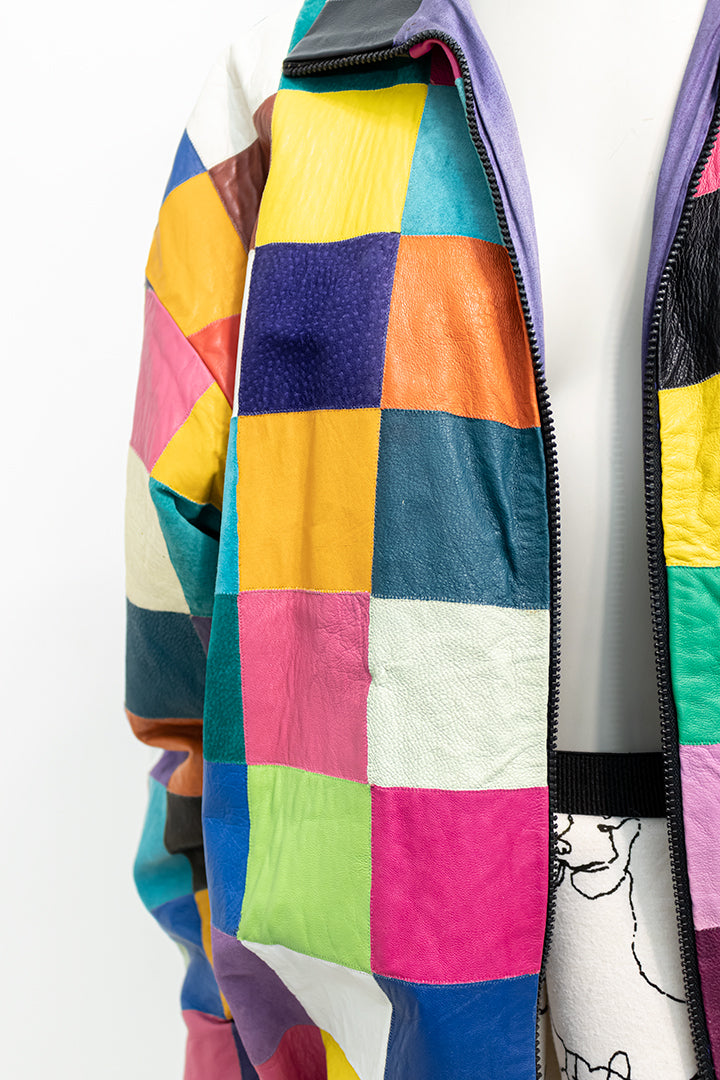 Patchwork jas van gekleurd leer en suède jaren 80