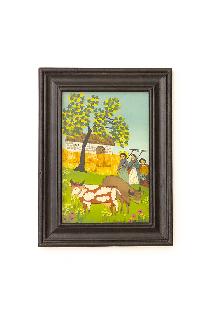 Renate Koblinger vintage schilderij op glas - boerentafereel
