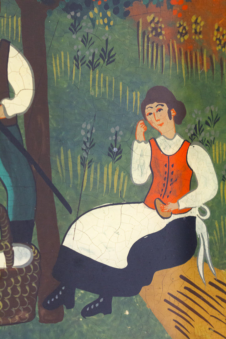 Renate Koblinger vintage schilderij op glas - folklore tafereel