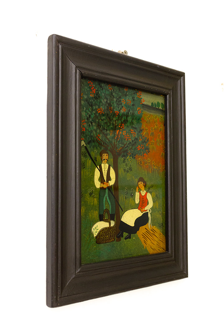 Renate Koblinger vintage schilderij op glas - folklore tafereel