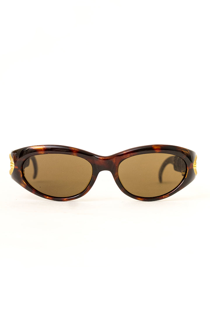 Rochas Paris vintage zonnebril met bruin gemêleerd montuur en goudkleurige chain