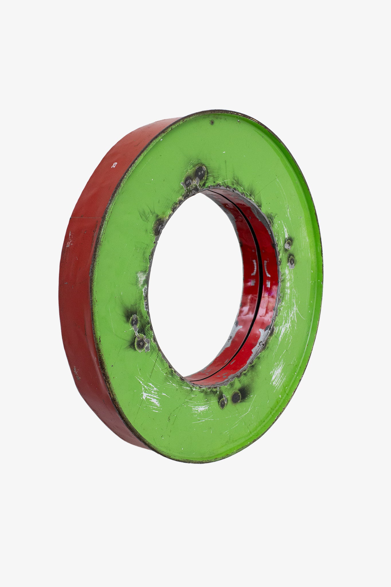 Handgemaakte ronde metalen spiegel groen met rood 