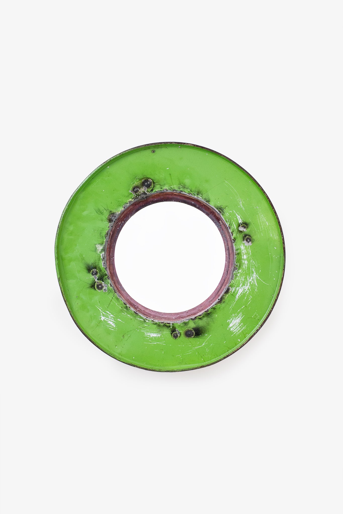 Handgemaakte ronde metalen spiegel groen met rood 