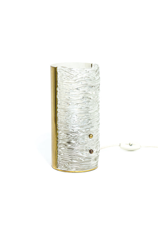 Ronde tafellamp van messing en textuurglas vintage