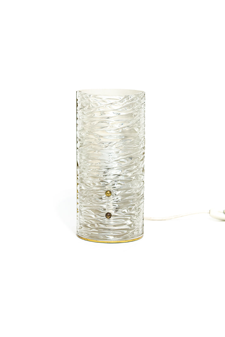 Ronde tafellamp van messing en textuurglas vintage