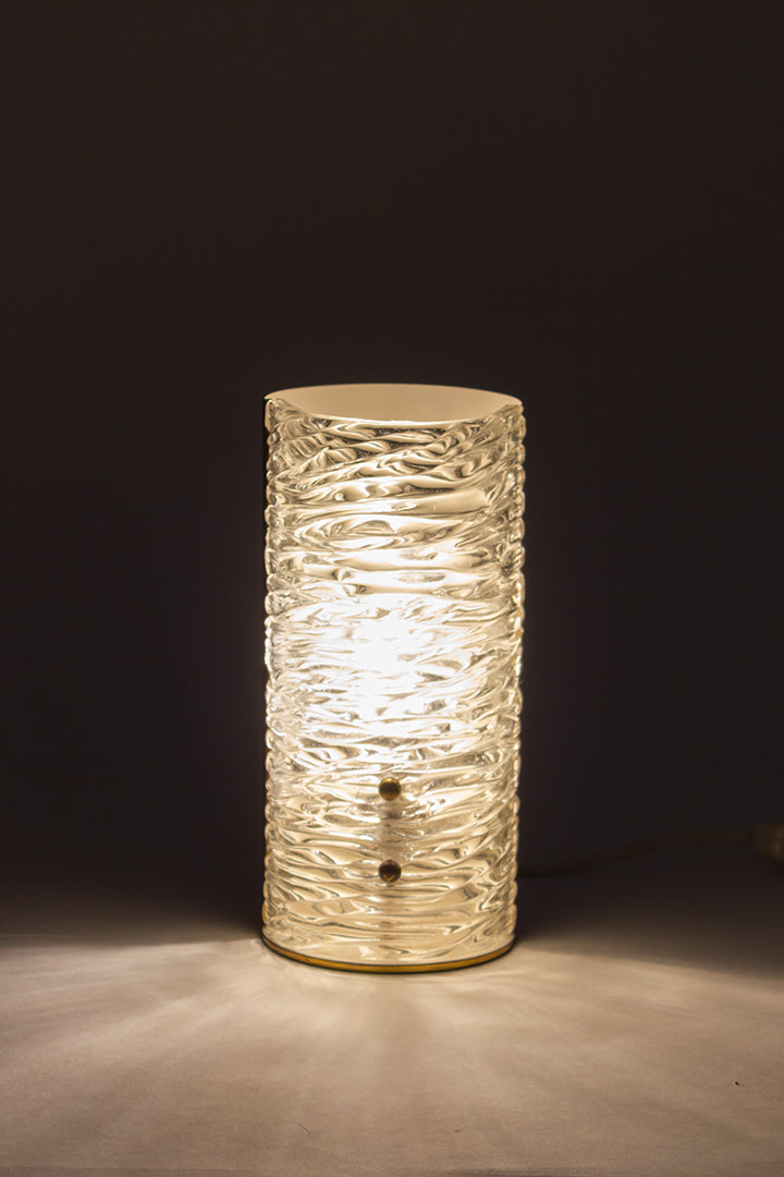 Ronde tafellamp van messing en textuurglas vintage
