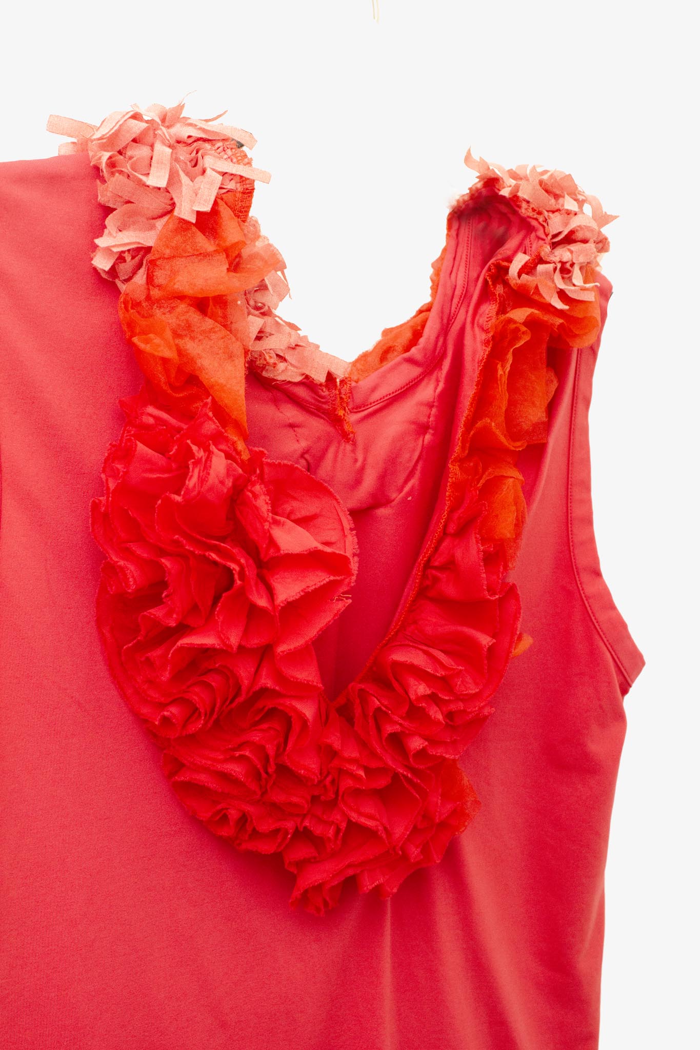Comme des Garçons AD1999 rood/ roze asymmetrische top met ruffles