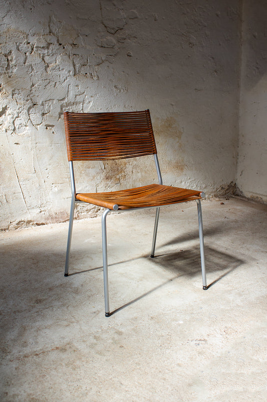 Set van 4 bruine leren 90's spaghetti eetkamerstoelen "Miss B" Tito Agnoli x Bonacina