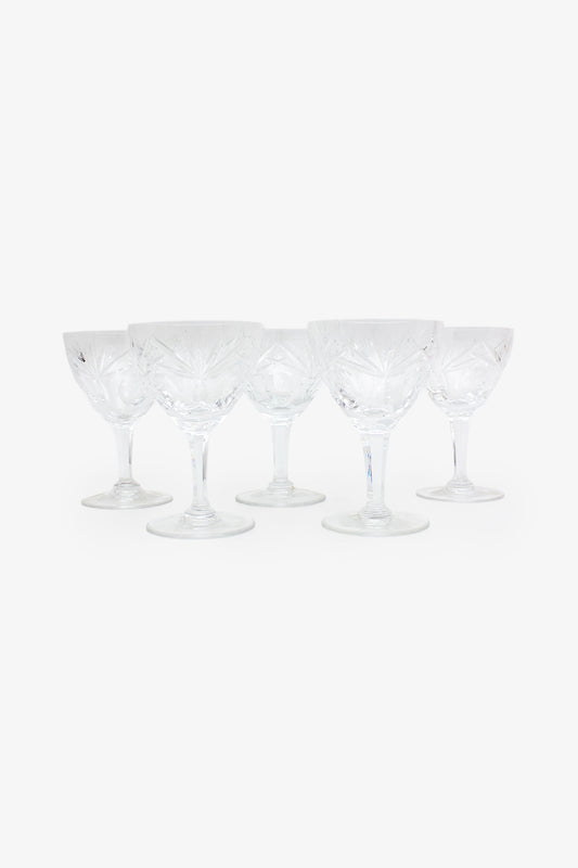 Set van 5 vintage kristallen gefacetteerde wijnglazen