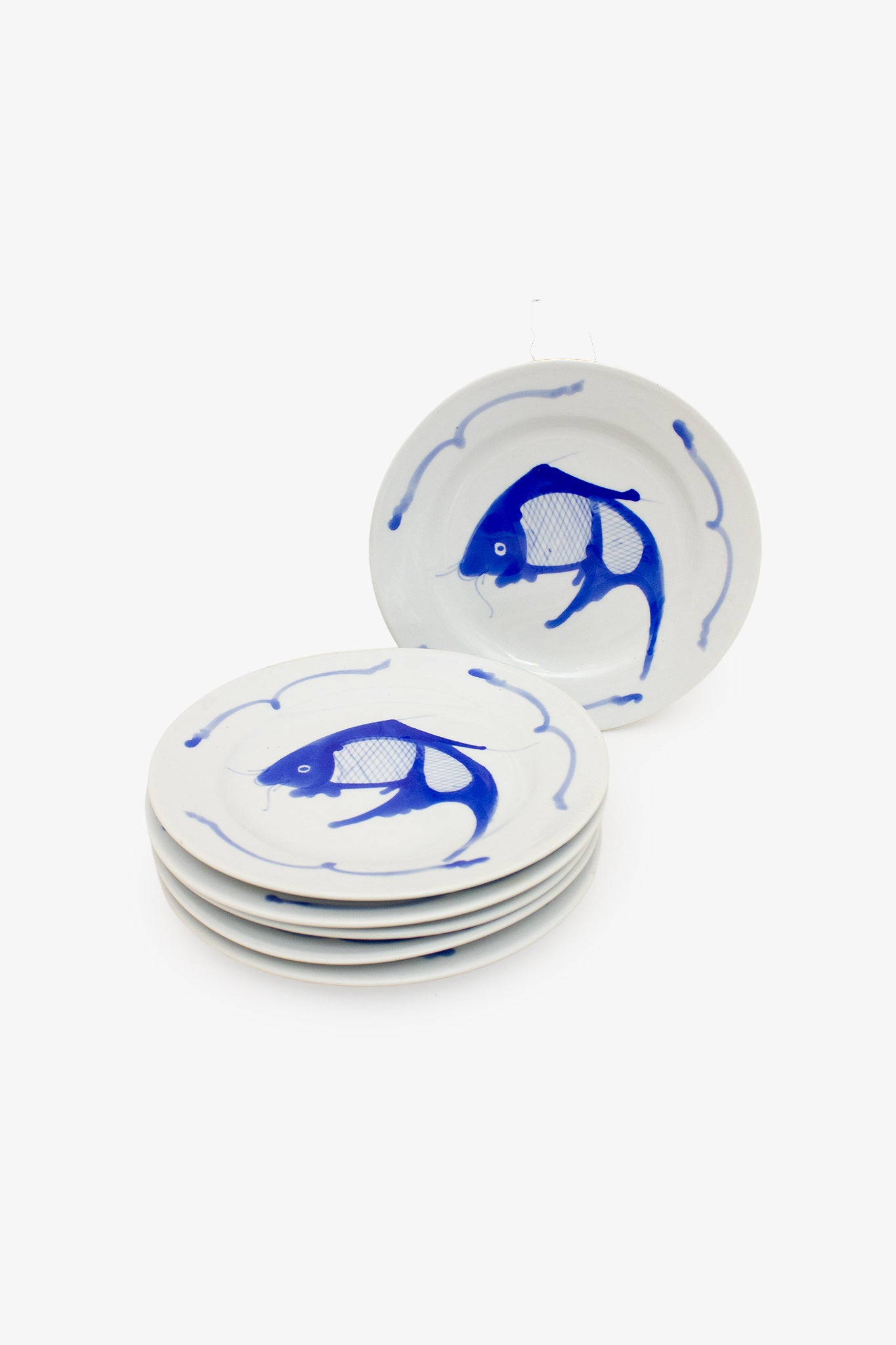 Set van 6 vintage Chinese ontbijtbordjes met handgeschilderde koi vissen&nbsp;