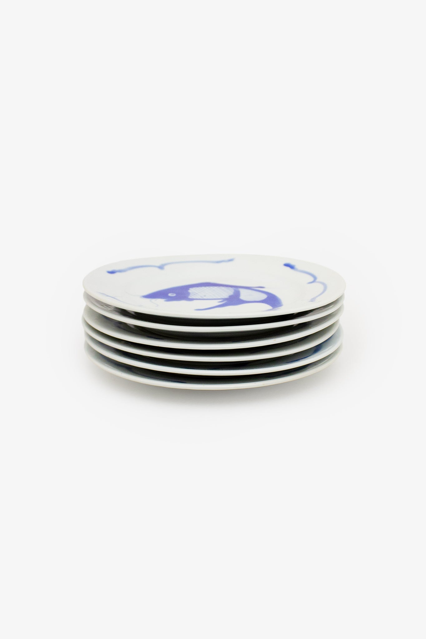 Set-van-6-vintage-Chinese-wit-porseleinen-ontbijtbordjes-handgeschilderde-blauwe-koi-vissen
