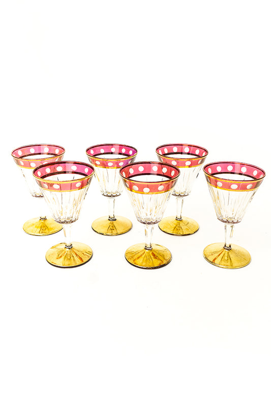 Set van 6 vintage glazen met gouden en rode details