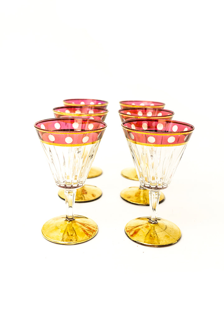 Set van 6 vintage glazen met gouden en rode details