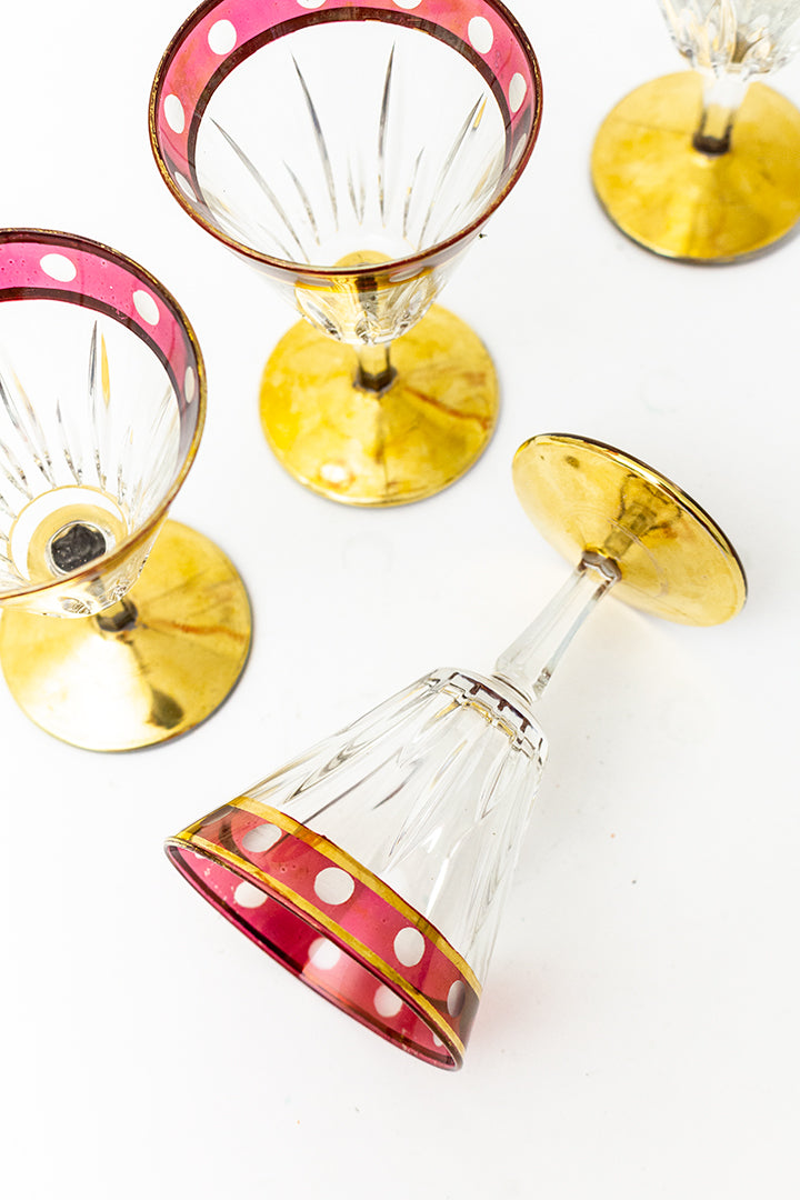 Set van 6 vintage glazen met gouden en rode details