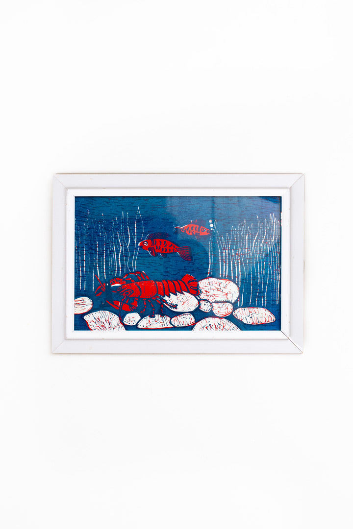 Sjabloon / linosnede kunstwerk blauw wit rode onderwaterwereld