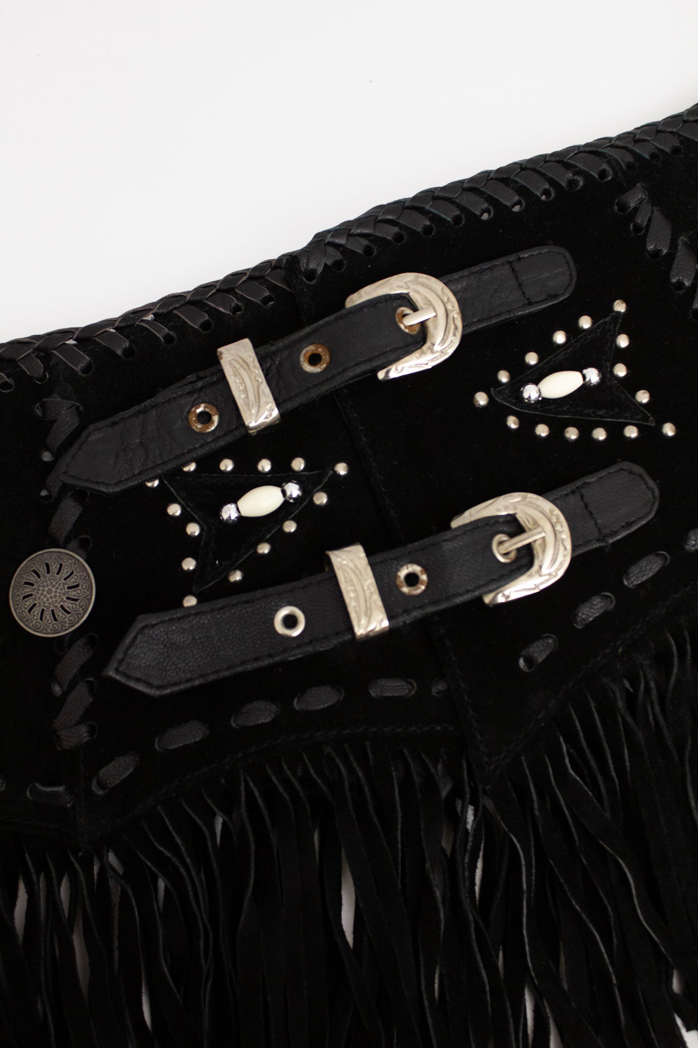 Zwarte brede suède leer cowboy fringe riem