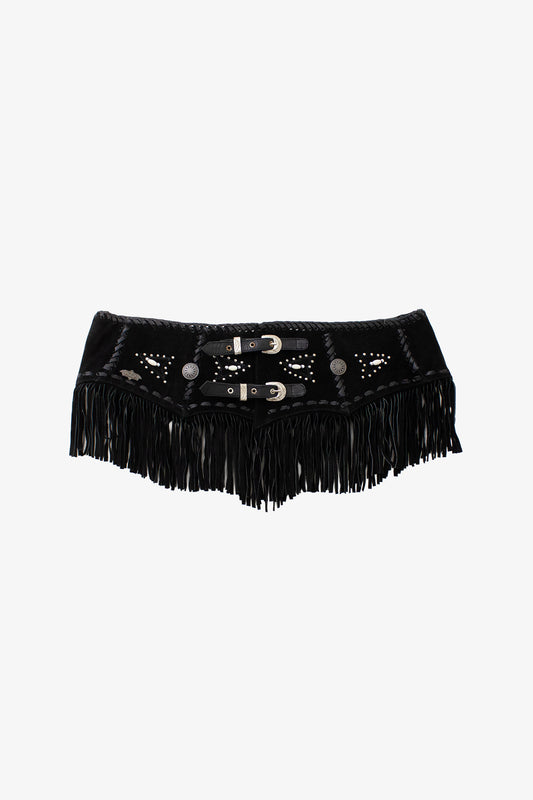 Zwarte brede suède leer cowboy fringe riem