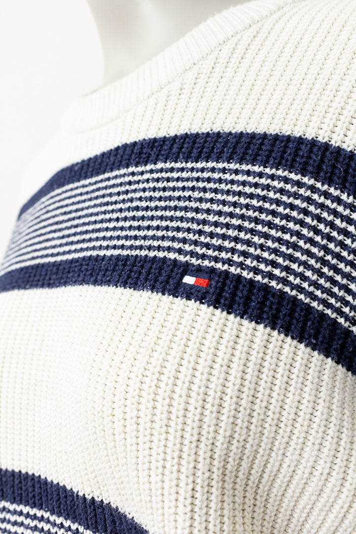 Tommy Hilfiger beige heren trui van gebreid katoen met donkerblauwe strepen