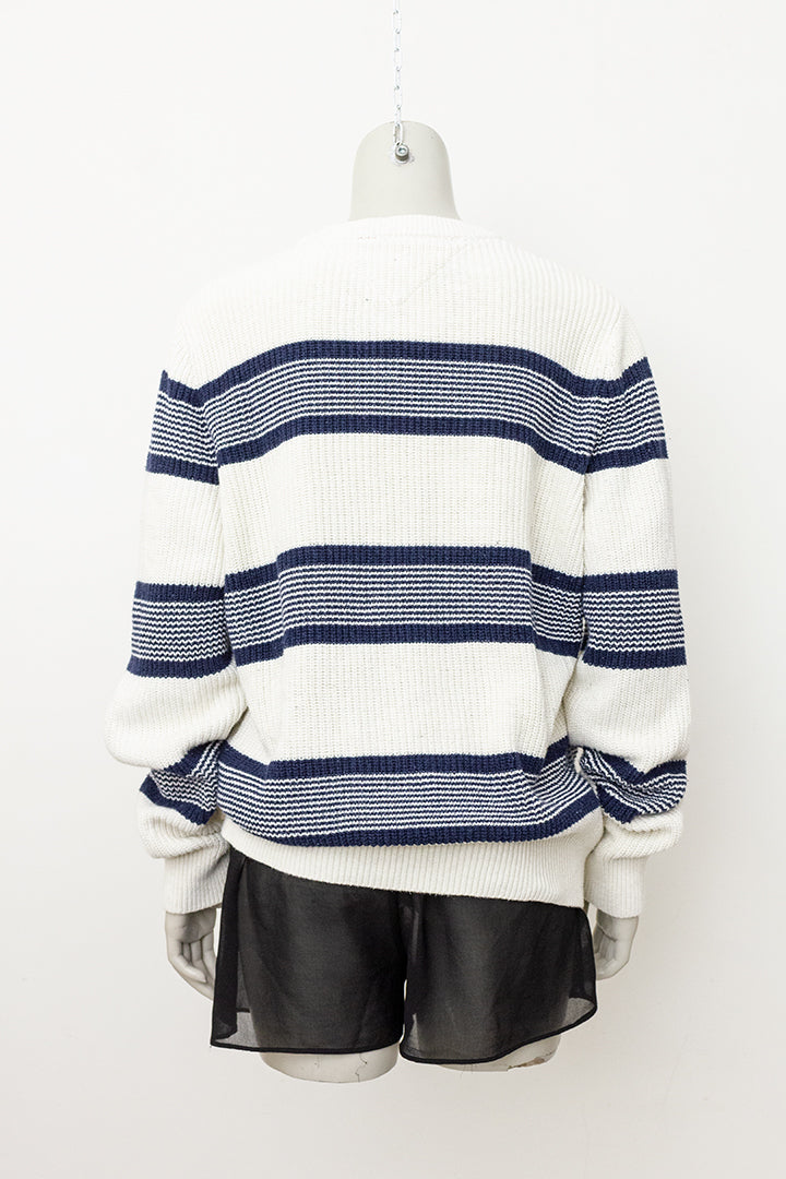 Tommy Hilfiger beige heren trui van gebreid katoen met donkerblauwe strepen