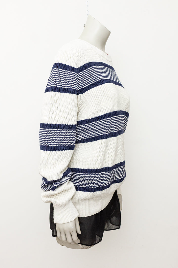 Tommy Hilfiger beige heren trui van gebreid katoen met donkerblauwe strepen