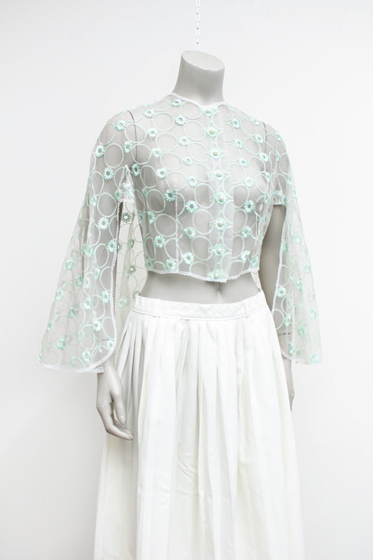 Vintage kanten top / capeje met mintgroene borduursels van bloemen en cirkels