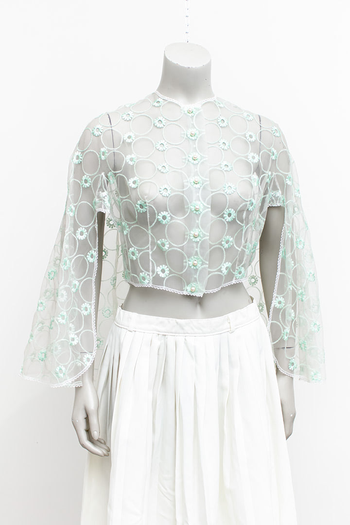 Vintage kanten top / capeje met mintgroene borduursels van bloemen en cirkels