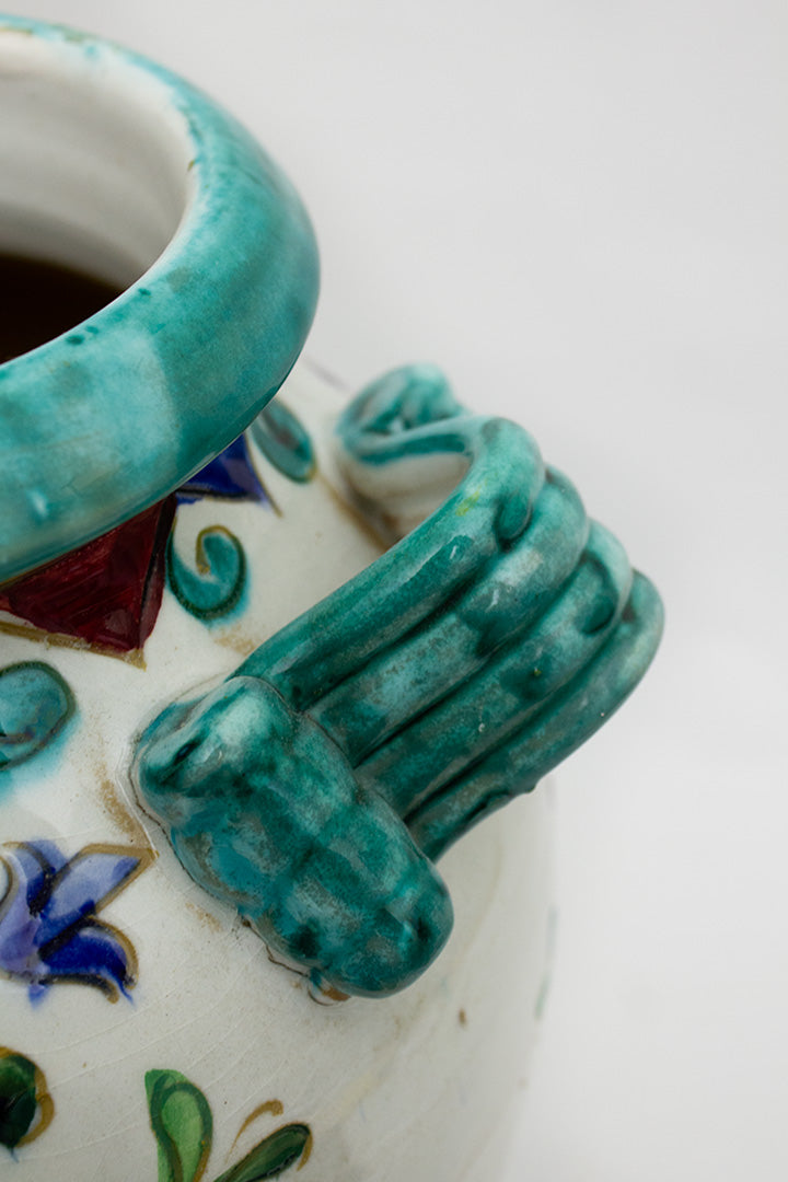 Turquoise wit handbeschilderde Italiaanse Majolica vaas