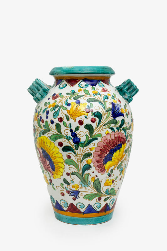 Turquoise wit handbeschilderde Italiaanse Majolica vaas