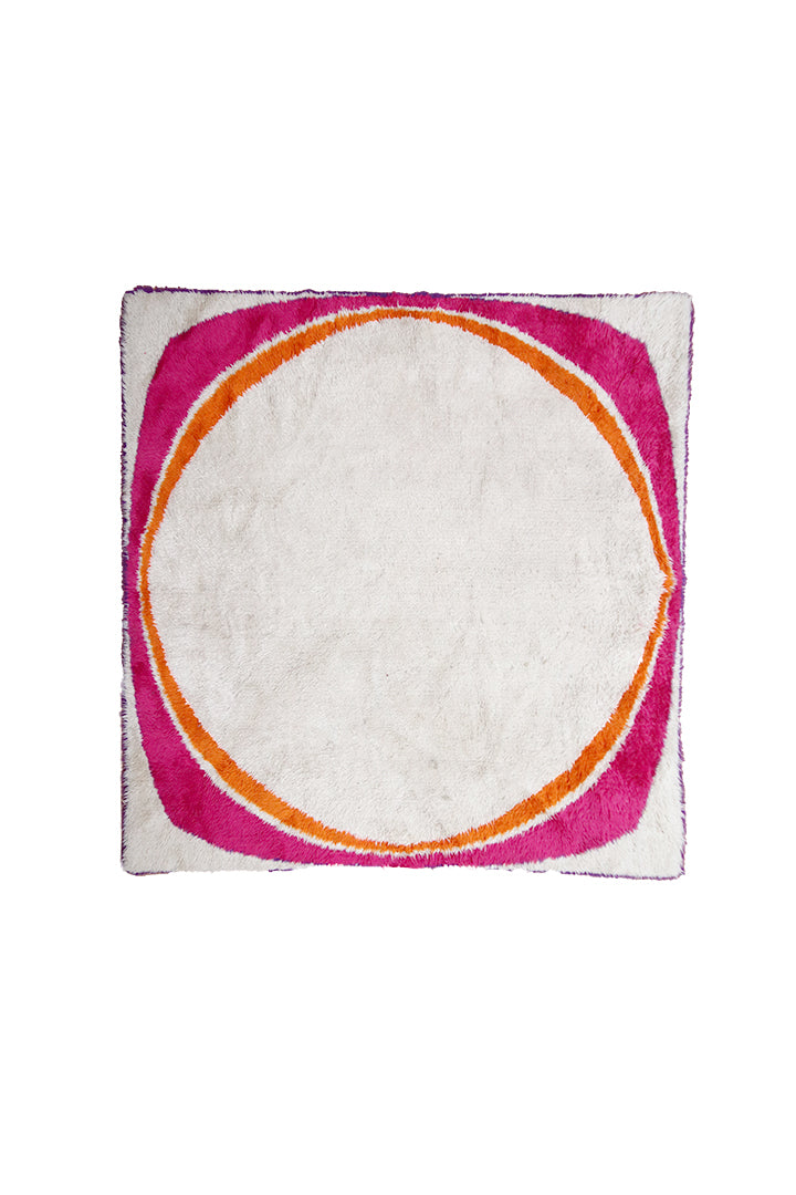 Vierkant vloerkleed hoogpolig jaren 60 in beige, roze, oranje en paars