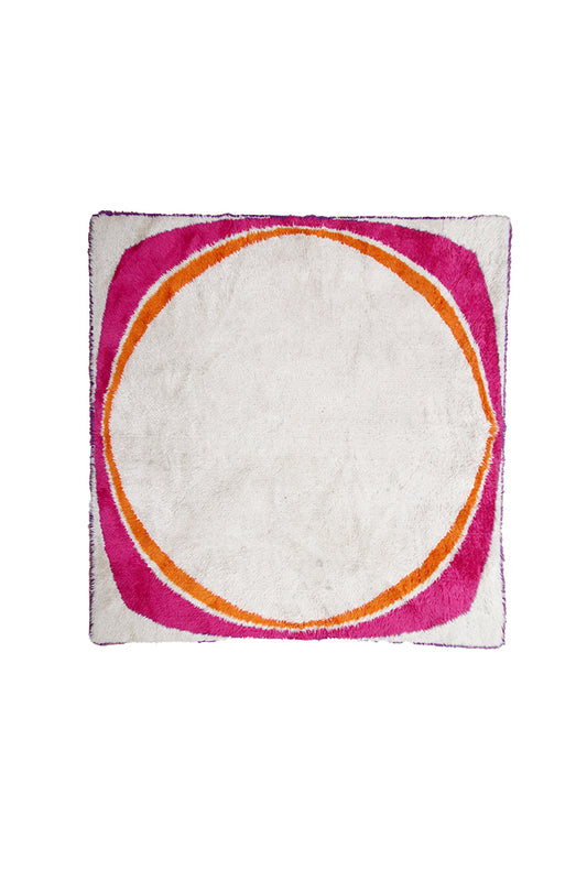 Vierkant vloerkleed hoogpolig jaren 60 in beige, roze, oranje en paars