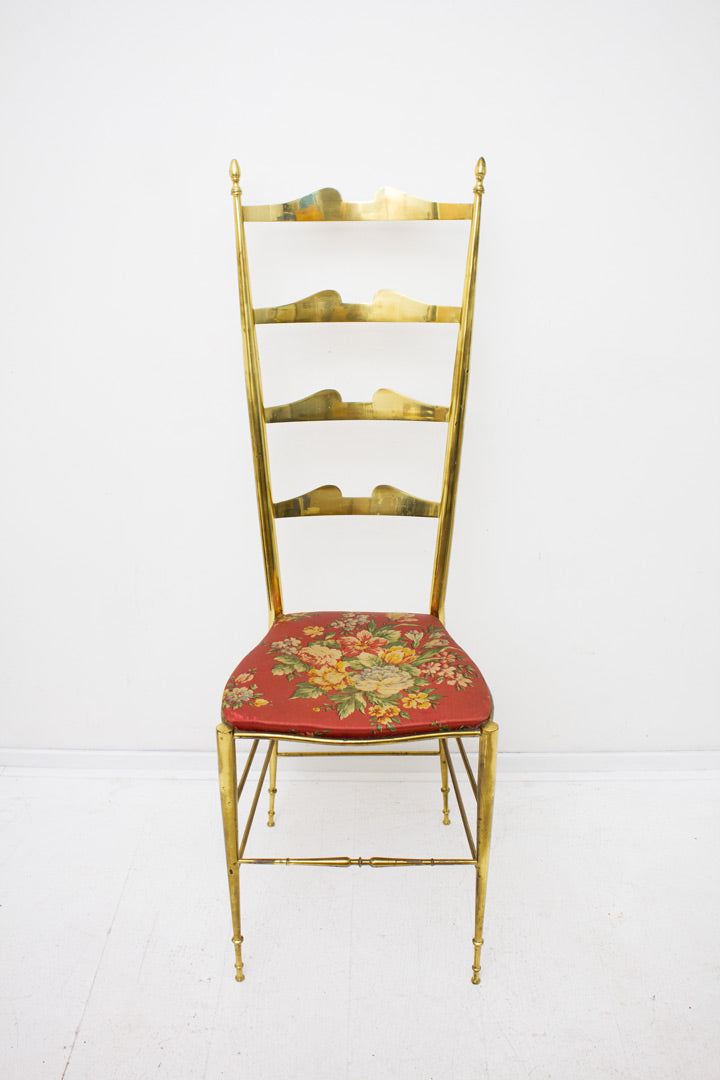 Vintage 50’s messing Chiavari stoel met gebloemde bekleding