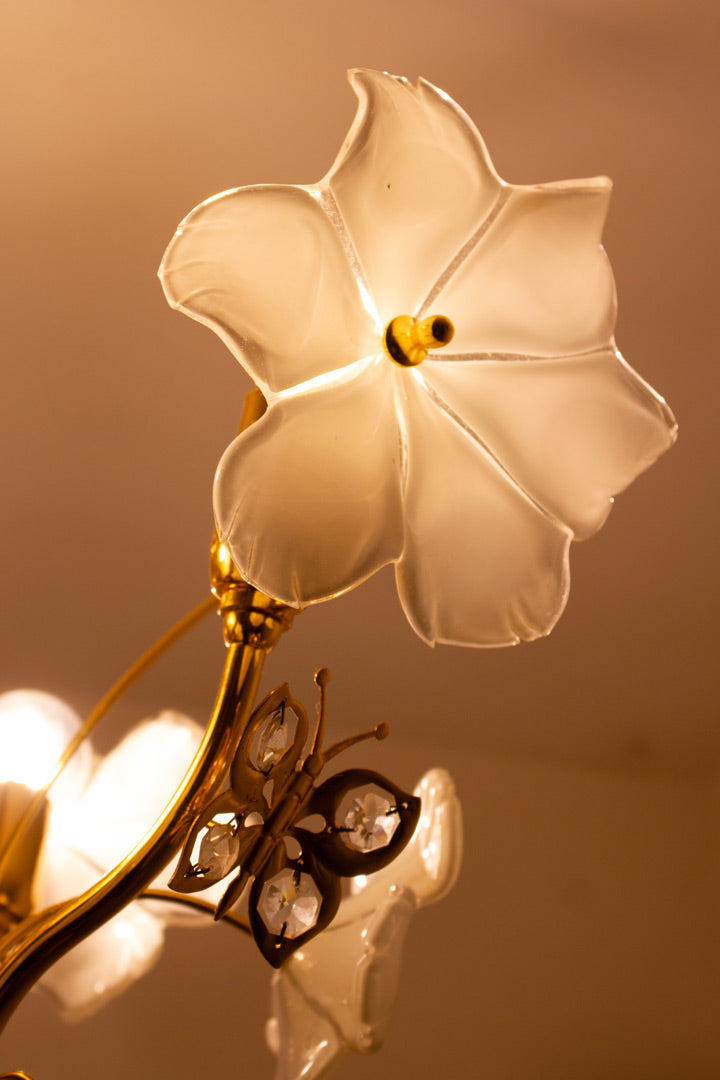 Vintage 80’s messing kroonlichter met Murano bloemen