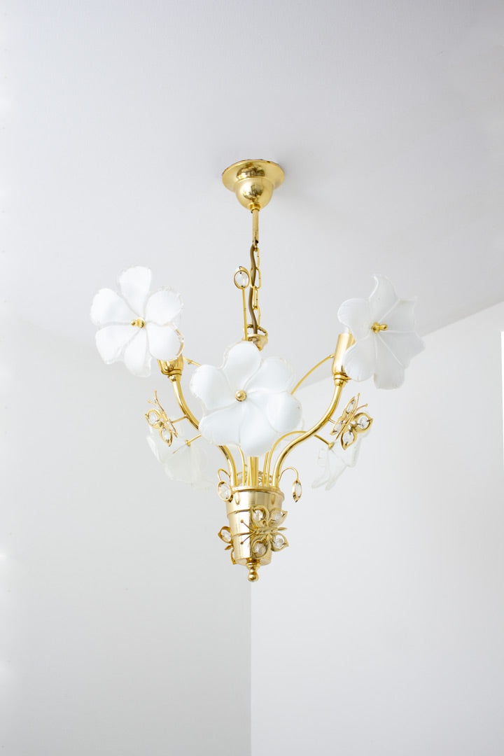 Vintage 80’s messing kroonlichter met Murano bloemen
