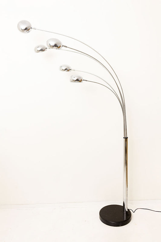 Vintage Arco booglamp met 5 verchroomde armen in zwarte marmeren voet