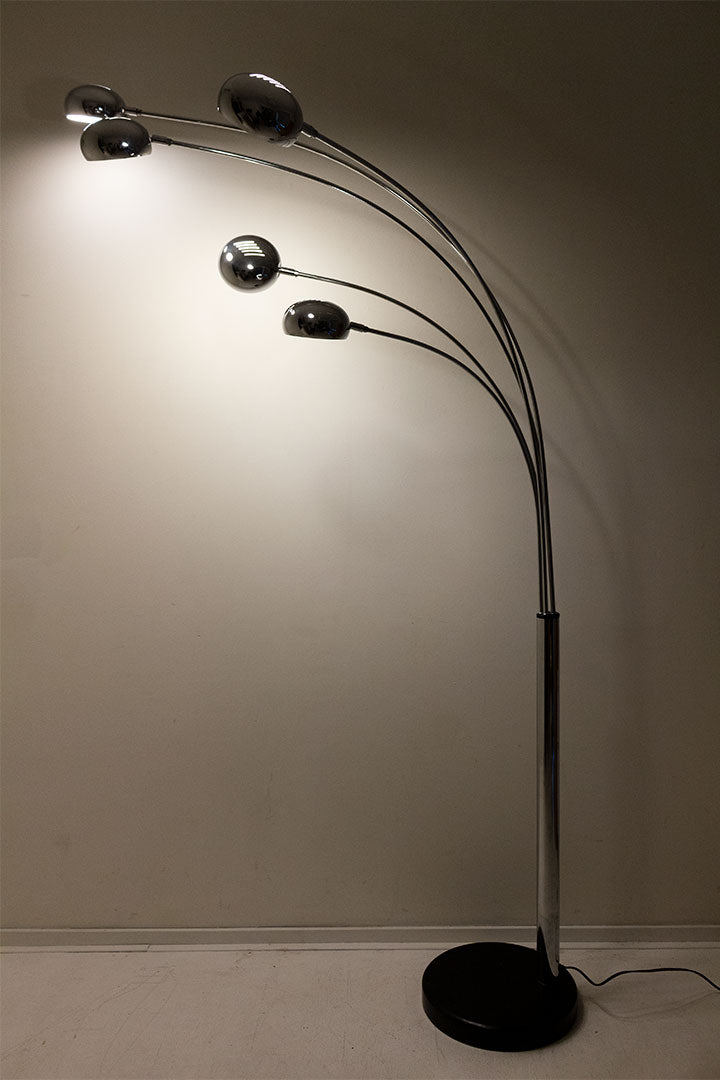 Vintage Arco booglamp met 5 verchroomde armen in zwarte marmeren voet