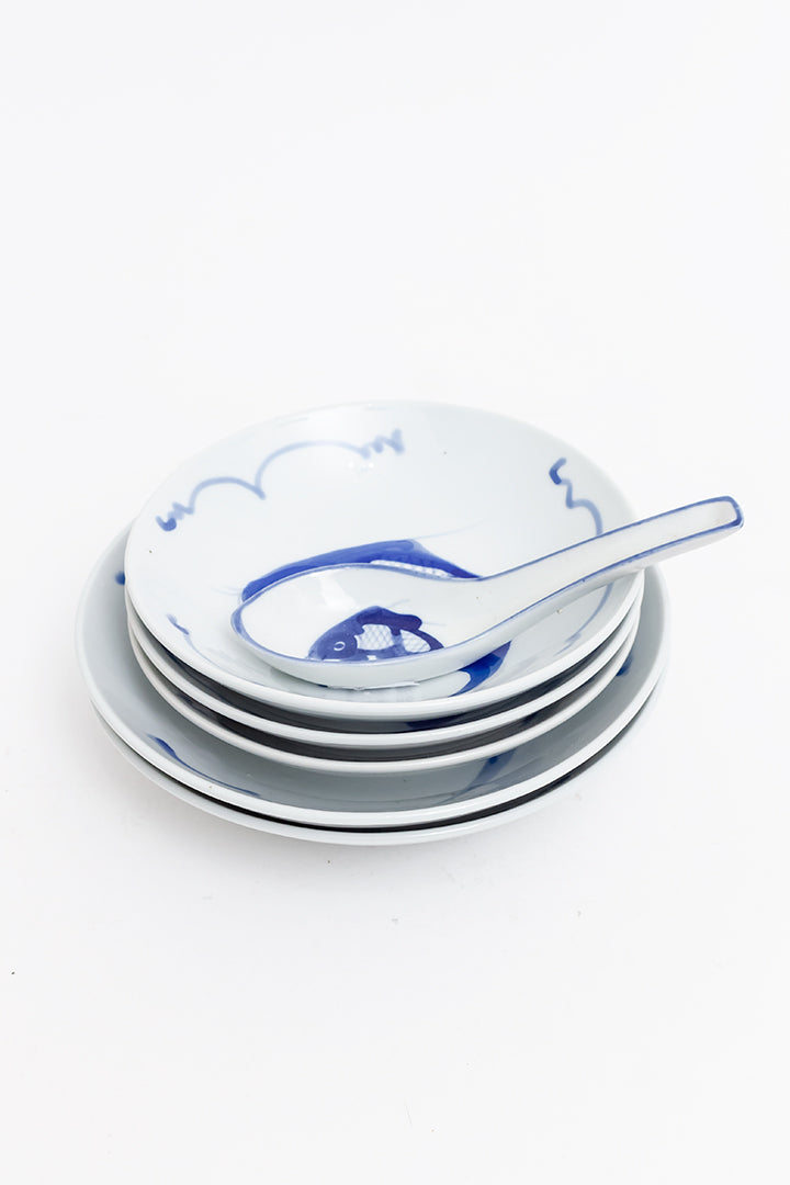 Vintage Chinese schaaltjes met lepel en handgeschilderde koi vissen Mid-Century