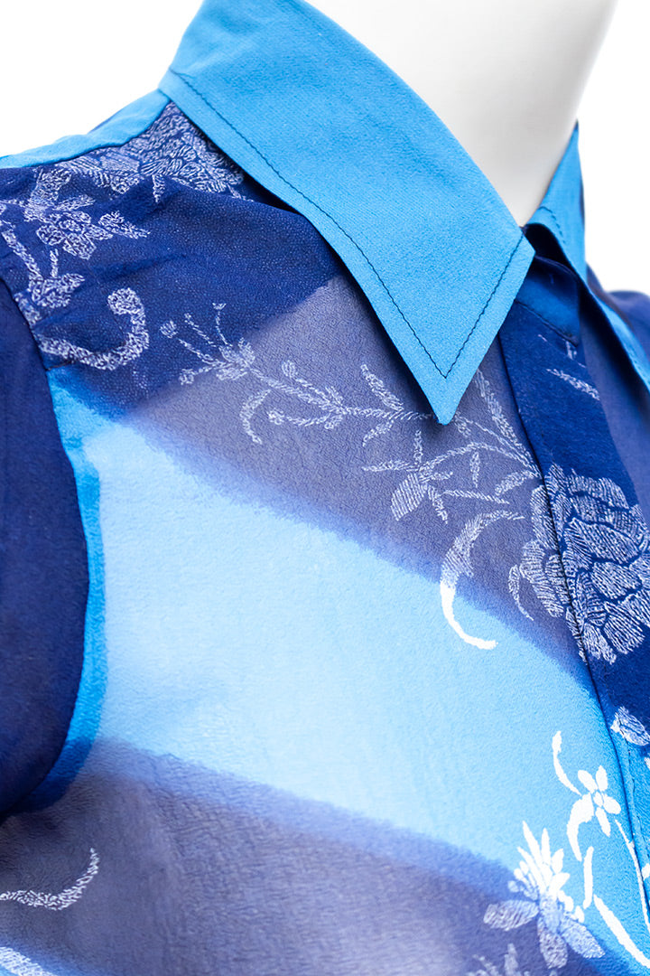 Vintage Dries van Noten blouse blauw chiffon zijde met witte bloemenprint