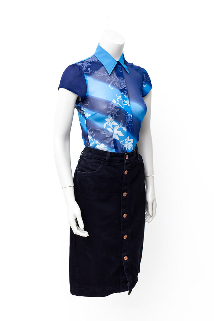 Vintage Dries van Noten blouse blauw chiffon zijde met witte bloemenprint