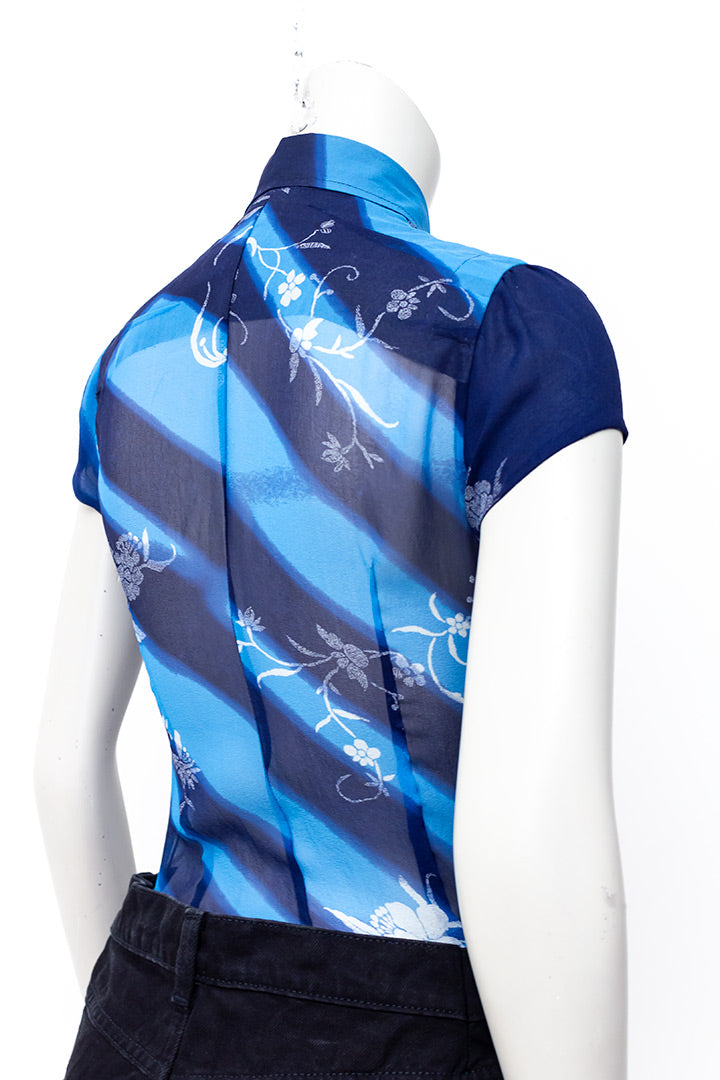 Vintage Dries van Noten blouse blauw chiffon zijde met witte bloemenprint