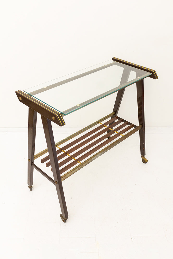 Vintage Franse barcart met bruin metalen frame en glazen blad